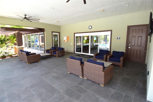 view of patio / terrace featuring an outdoor living space, a pergola, and ceiling fan