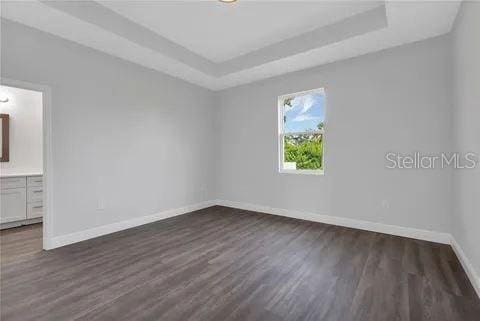 unfurnished room featuring a tray ceiling and dark hardwood / wood-style floors