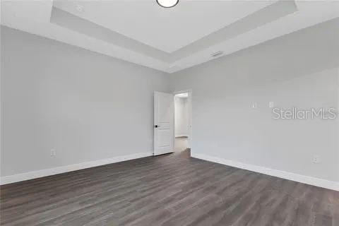 spare room featuring a raised ceiling and dark wood-type flooring