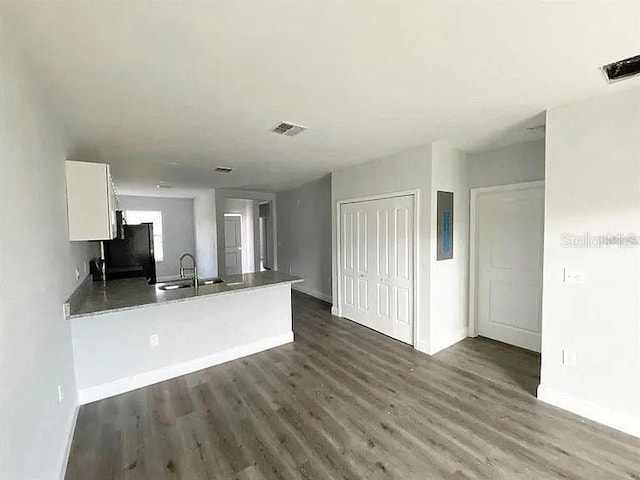 kitchen featuring kitchen peninsula, sink, dark hardwood / wood-style floors, and white cabinets