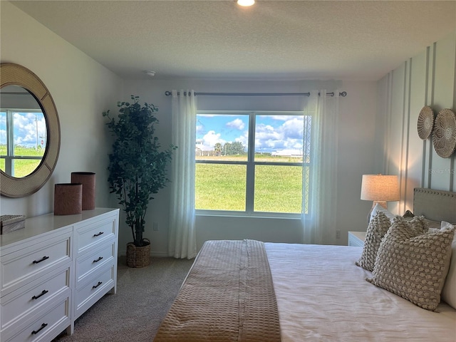 carpeted bedroom featuring a textured ceiling and multiple windows