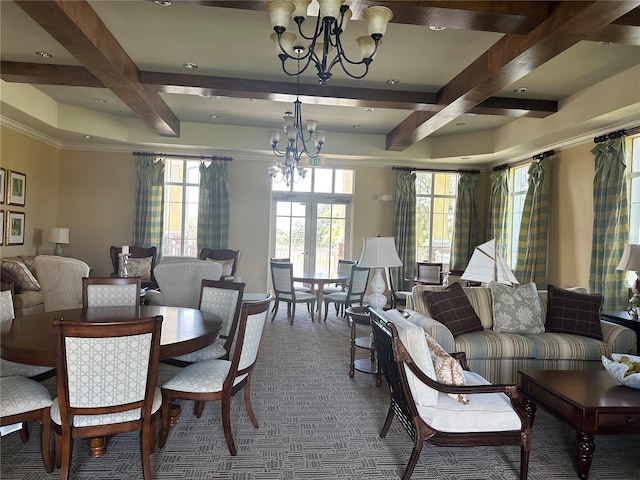 carpeted dining room with a notable chandelier, beam ceiling, and coffered ceiling