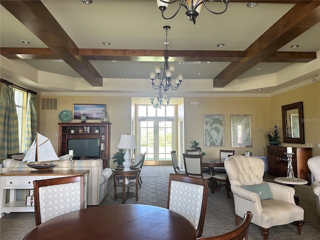 carpeted dining area featuring an inviting chandelier, ornamental molding, beamed ceiling, french doors, and coffered ceiling