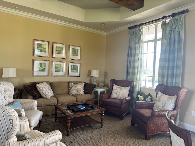 living room with ornamental molding, carpet flooring, and a healthy amount of sunlight