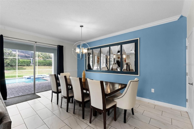 dining area with ornamental molding, a chandelier, and a textured ceiling