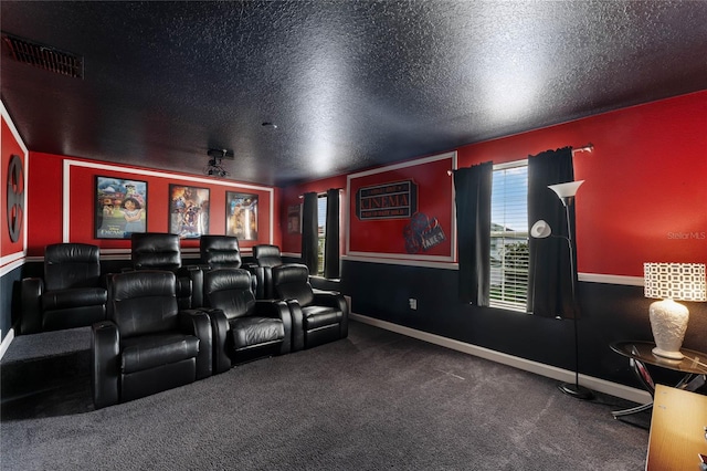 home theater room with a textured ceiling and carpet