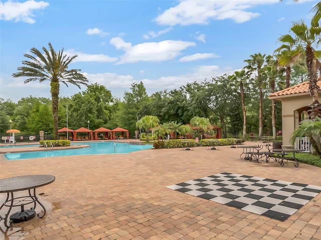 view of swimming pool featuring a patio area