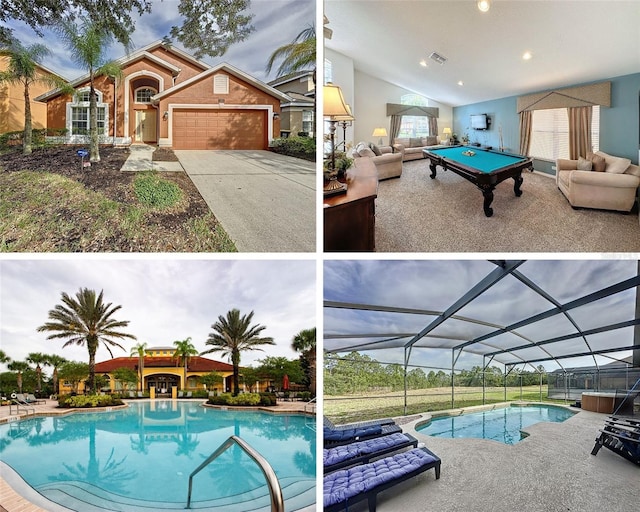 view of pool with a patio and glass enclosure