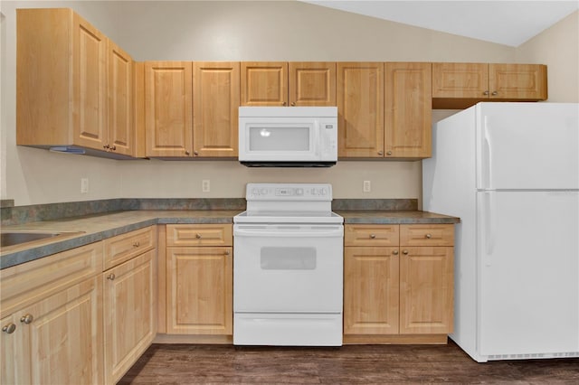 kitchen featuring dark hardwood / wood-style floors, lofted ceiling, sink, light brown cabinets, and white appliances