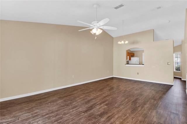 unfurnished living room with high vaulted ceiling, dark wood-type flooring, and ceiling fan