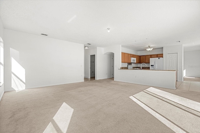 unfurnished living room featuring sink, a textured ceiling, and light carpet