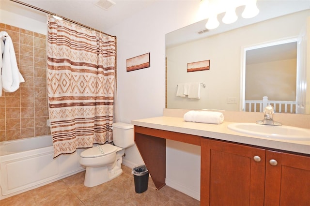 full bathroom featuring vanity, tile patterned flooring, toilet, and shower / tub combo with curtain