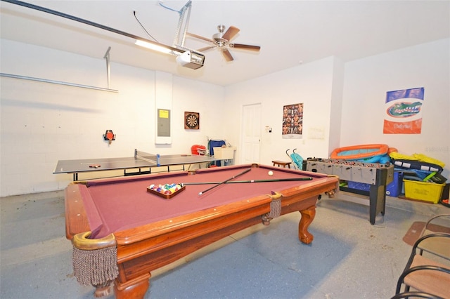 playroom featuring pool table, electric panel, and ceiling fan