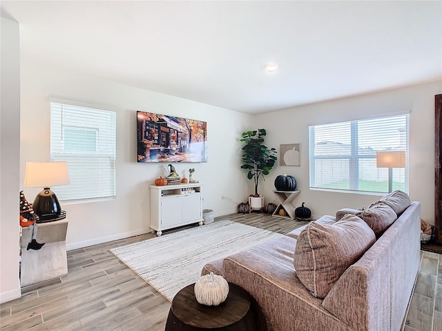 living room with a healthy amount of sunlight and light wood-type flooring