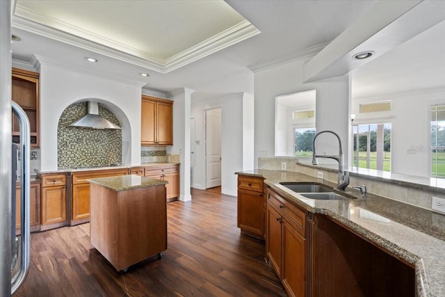 kitchen with dark hardwood / wood-style floors, ornamental molding, sink, and light stone counters