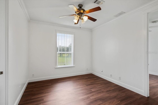 unfurnished room with ceiling fan, ornamental molding, and dark hardwood / wood-style flooring