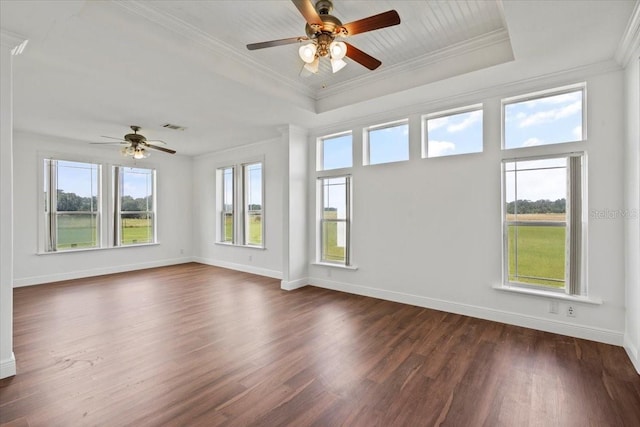 unfurnished sunroom featuring ceiling fan and a tray ceiling