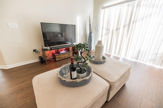 living room featuring plenty of natural light and dark wood-type flooring