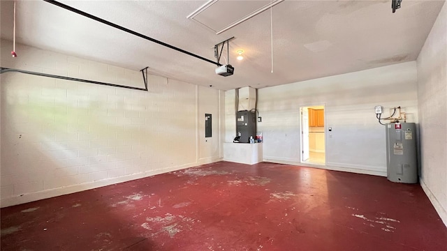 garage featuring a garage door opener, electric panel, heating unit, and electric water heater