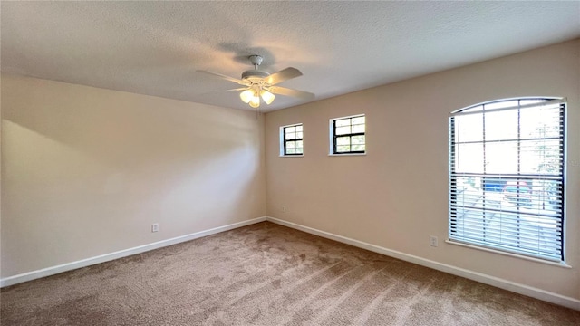 empty room featuring carpet flooring, a textured ceiling, and ceiling fan