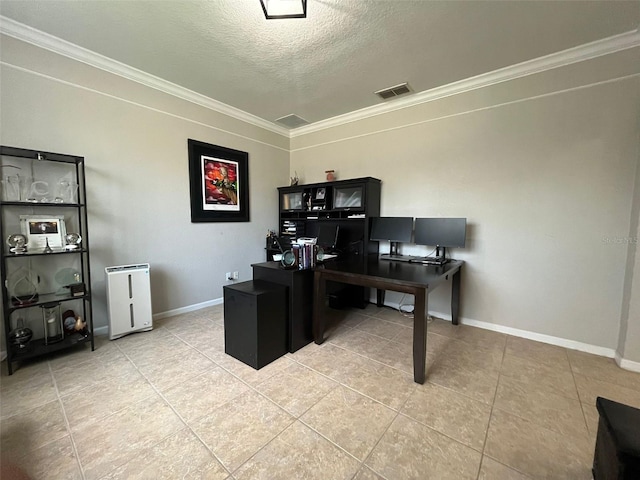 office space with ornamental molding, light tile patterned floors, and a textured ceiling