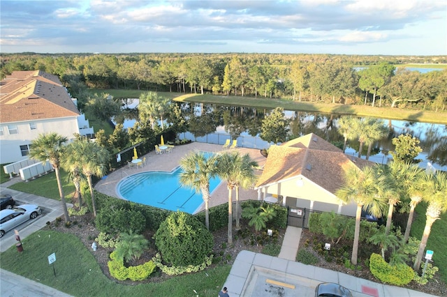 aerial view featuring a water view