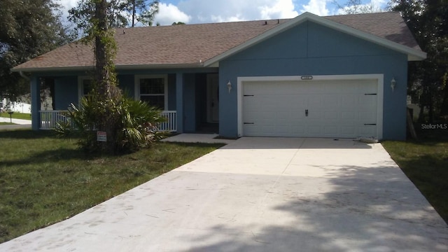 ranch-style home with a front yard, a garage, and covered porch