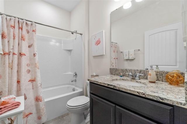 full bathroom with vanity, toilet, and shower / bathtub combination with curtain