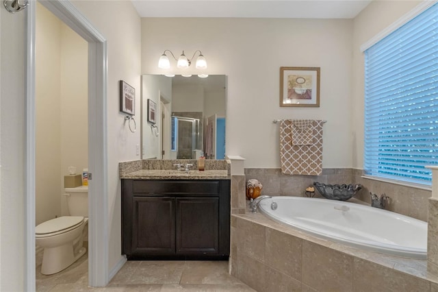 full bathroom with vanity, plus walk in shower, toilet, and tile patterned floors