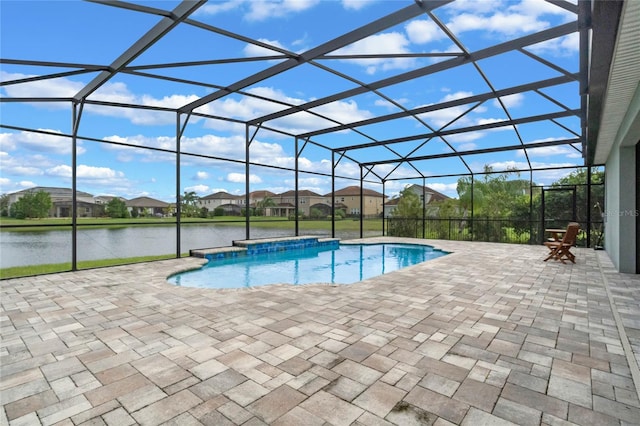 view of pool featuring a lanai, a water view, and a patio