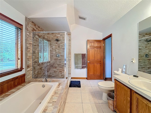 full bathroom featuring tile patterned flooring, plus walk in shower, lofted ceiling, vanity, and a textured ceiling