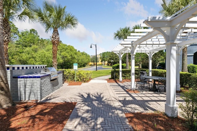 view of property's community featuring a patio, a pergola, and exterior kitchen