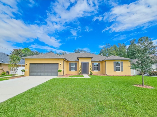 ranch-style home with a front lawn and a garage