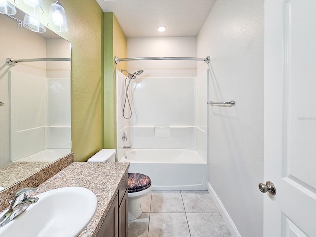 full bathroom featuring shower / bathing tub combination, tile patterned floors, vanity, and toilet