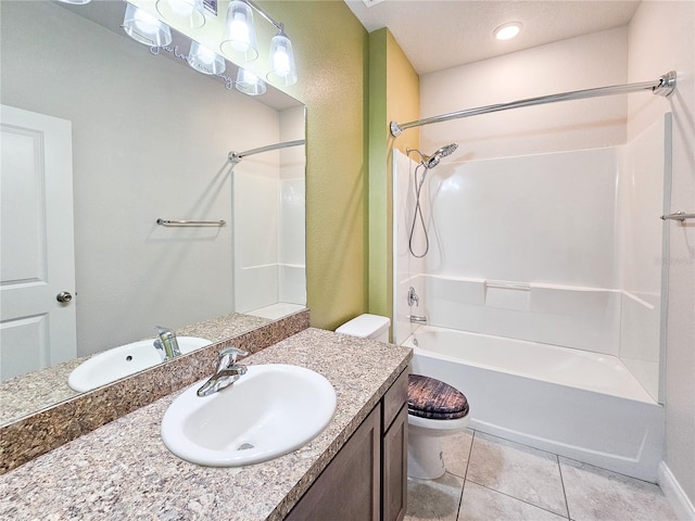 full bathroom featuring shower / bathing tub combination, tile patterned floors, vanity, and toilet