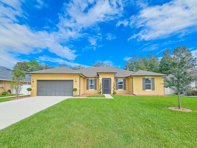 58 Bickford Dr, Palm Coast, FL 32137 - ranch-style house with stucco siding, a garage, driveway, and a front lawn