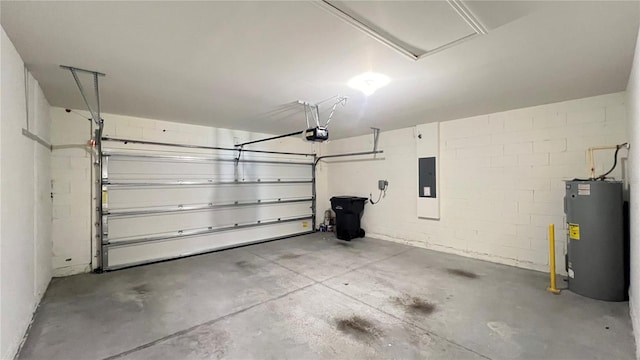 garage featuring electric panel, a garage door opener, and electric water heater