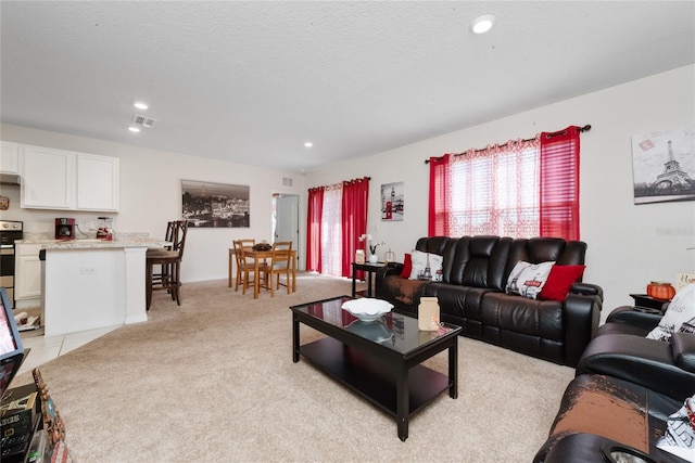 living room featuring a textured ceiling and light colored carpet