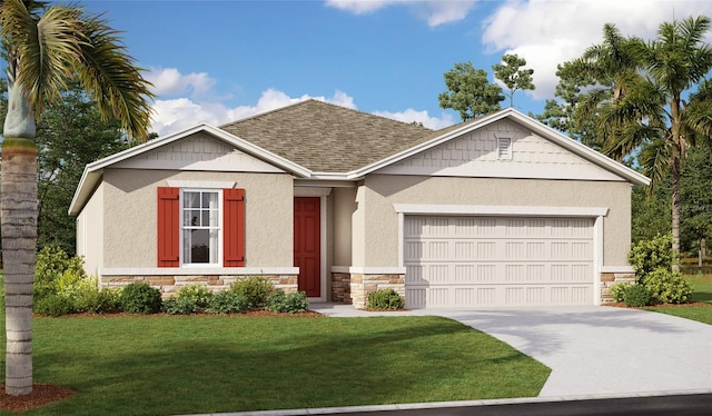 view of front of home featuring a front yard and a garage