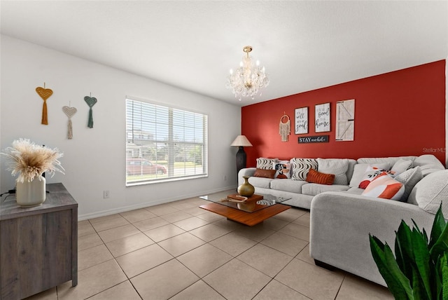 living room featuring light tile patterned flooring and a notable chandelier