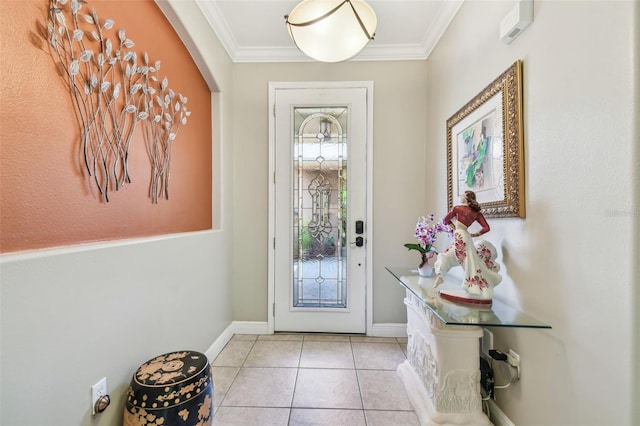 foyer featuring ornamental molding and light tile patterned floors