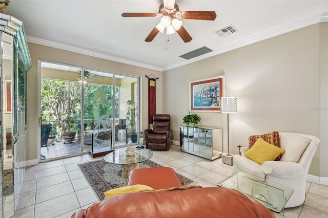 living room with crown molding, ceiling fan, and light tile patterned floors