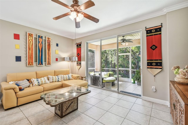 tiled living room featuring crown molding and ceiling fan