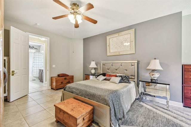 tiled bedroom with ceiling fan