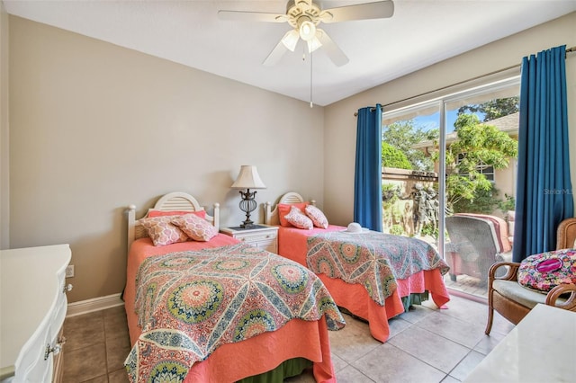 tiled bedroom featuring access to exterior and ceiling fan