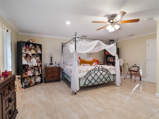 bedroom with ornamental molding, a textured ceiling, and ceiling fan