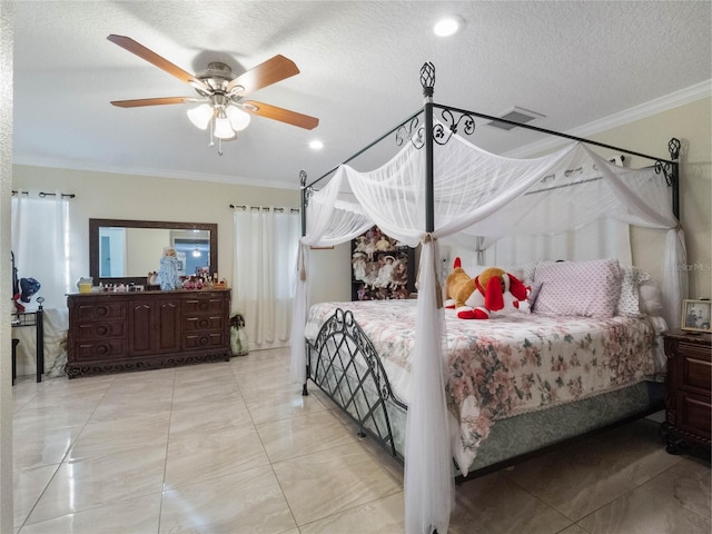 bedroom with ornamental molding, a textured ceiling, and ceiling fan