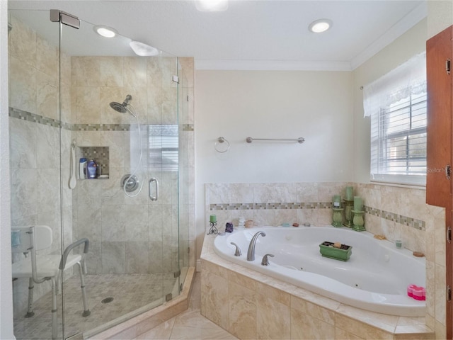 bathroom featuring tile patterned flooring, crown molding, and shower with separate bathtub