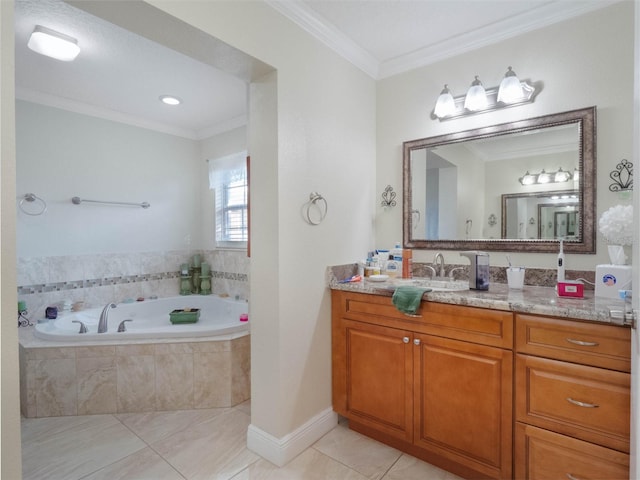 bathroom with vanity, ornamental molding, tile patterned floors, and tiled bath