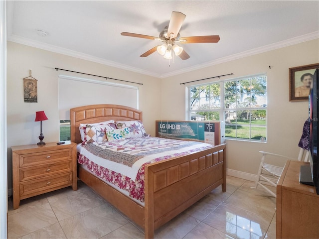 bedroom featuring ornamental molding and ceiling fan